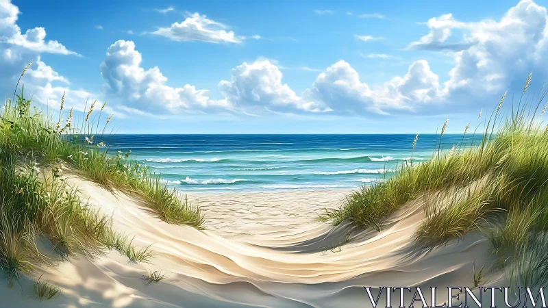 Wind-sculpted dune gateway opening to turquoise summer sea.