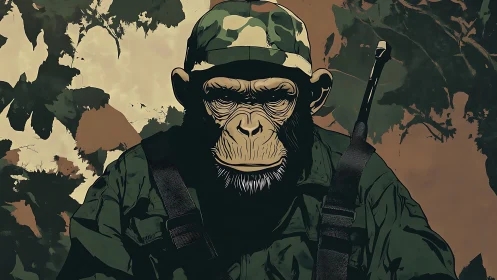 Thoughtful jungle chimp in bold soldier&rsquo;s camouflage gear.