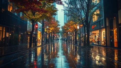 Rain-soaked urban boulevard with autumn foliage and shopfronts