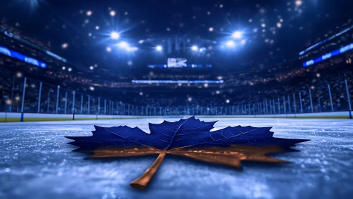 Photorealistic maple leaf centerpiece on illuminated ice rink.