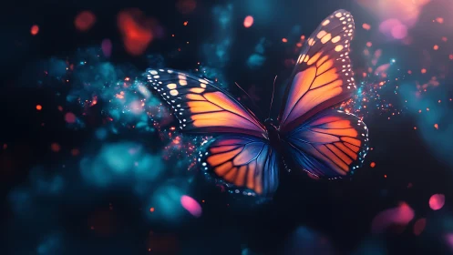 Bicolor butterfly in luminous abstract particle field.
