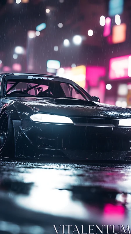 Neon rain racer prowls slick streets under electric haze.