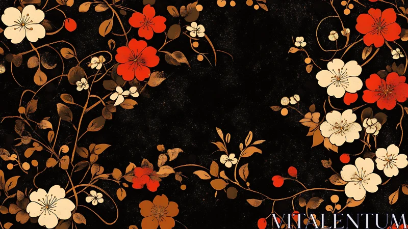 Ornamental Floral Branches Against Black Background.