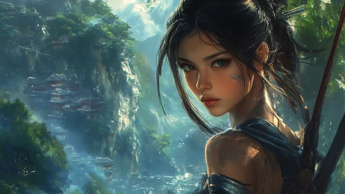 Warrior archer portrait framed against vertically layered cliff temples