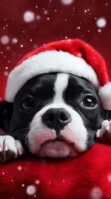 Puppy in Santa hat rests softly under falling Christmas snow