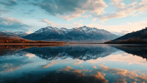 Snowcapped mountain range reflects in glassy lake at dusk