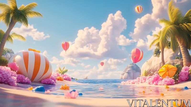 Whimsical tropical beach scene with hot air balloons and luminous flora