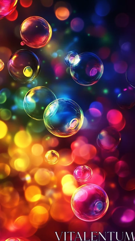 Prismatic soap bubbles drifting through neon bokeh night.