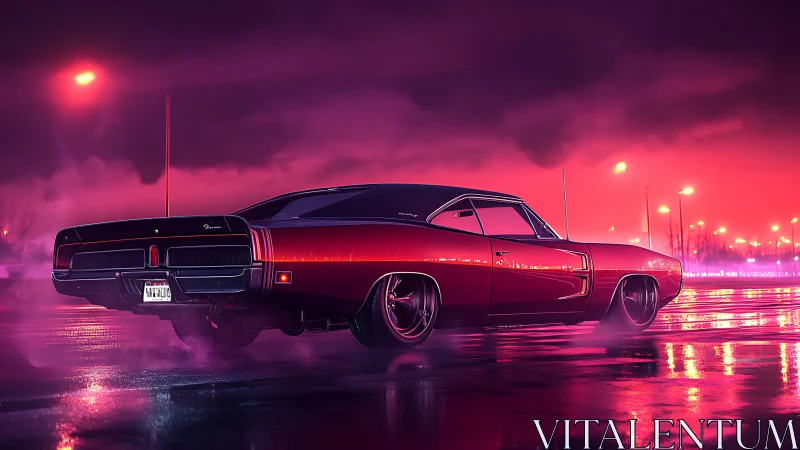 Neon-lit muscle car rendered in cinematic cyber-noir perspective