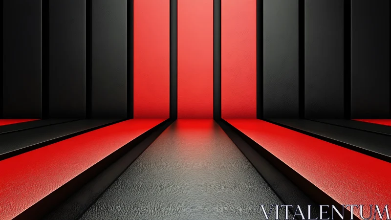Red and black geometric corridor uses dramatic linear perspective