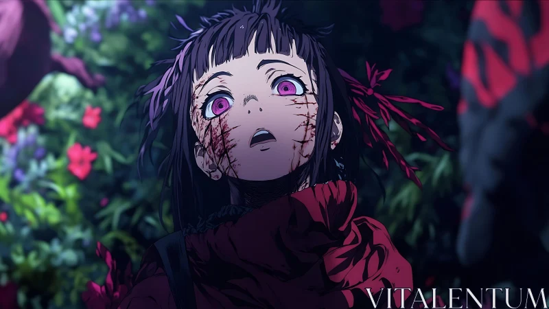 Injured anime girl looks upward amid dense floral background