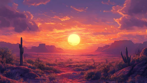 Radiant desert sunset bathes saguaro valley in cinematic light