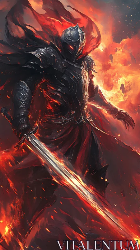 Armored infernal knight with molten sword amid dynamic flame vortices