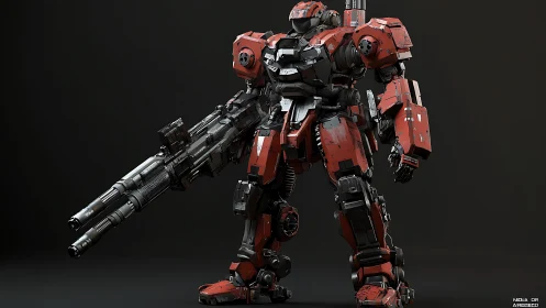 Heavily armed red combat mech with large dual cannon.