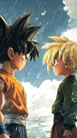 Dynamic anime standoff under rain with strong rim lighting