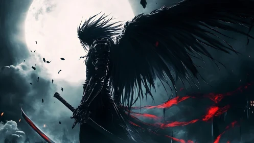 Winged dark warrior stands against full moon in armor