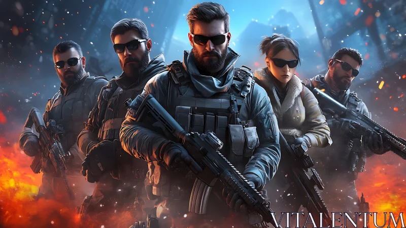 Elite tactical squad advancing through blazing warzone.