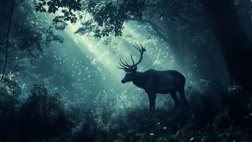 Cinematic stag silhouette in volumetric blue forest light