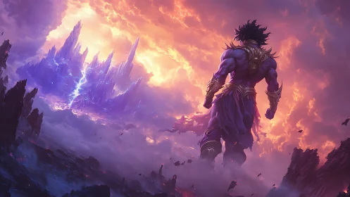 Mythic warrior strides toward storm-lit crystal citadel