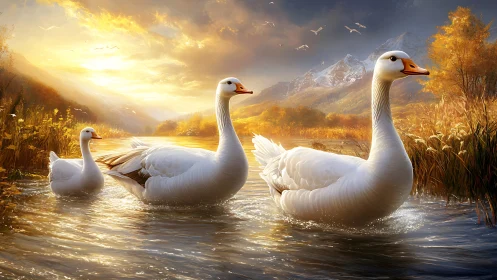 Golden evening glows as three white geese glide homeward