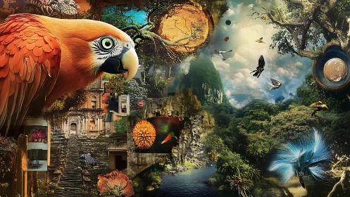 Parrot dreams stitch jungle ruins into a soaring sky collage