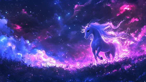 Starlit unicorn wanders through glowing purple dream fields