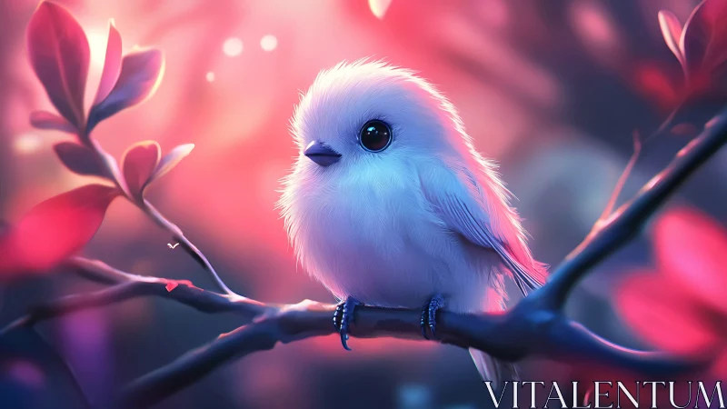 Adorable fluffy white bird on branch in dreamy pastel light.