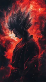 Volcanic aura silhouette of spiked‑hair warrior in profile.