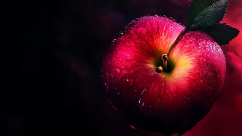 Macro red apple glows under dramatic studio lighting.