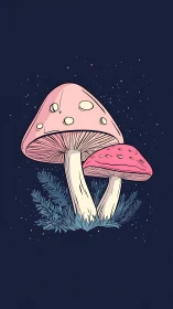 Moonlit pink mushrooms in a quiet, starry forest night.