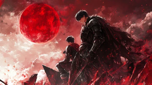 Armored warriors under crimson eclipse on shattered cliff edge