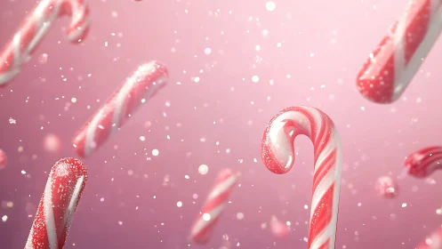 Festive candy canes glistening in pink bokeh holiday scene.
