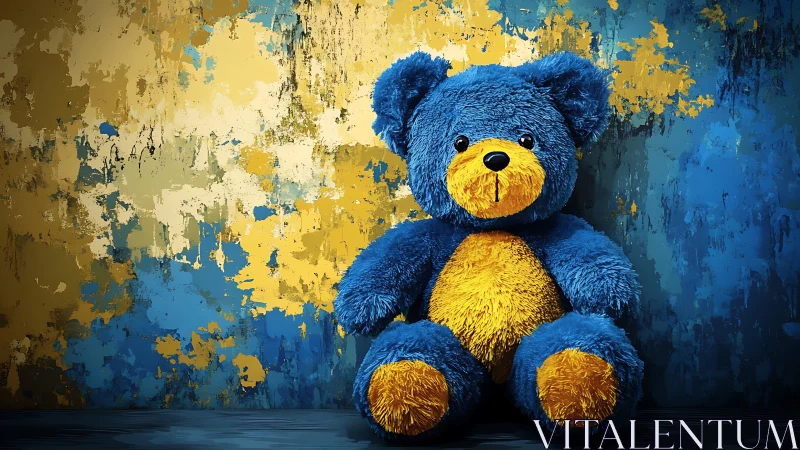 Bright blue teddy bear resting against colorful wall.