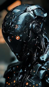 Nocturne android sentinel with ember-bright circuitry gaze.