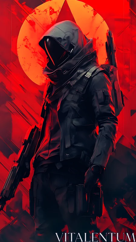 Cyberpunk assassin in red-lit geometric combat frame.