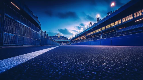 Blue hour racetrack lane invites calm before the action