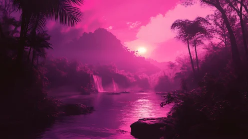 Pink monochrome tropical river landscape with waterfalls.