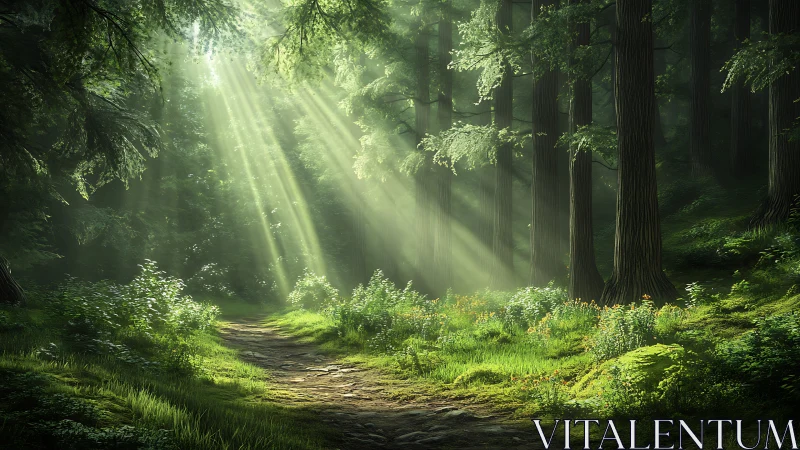 Sunlight Streaming Through Ancient Forest Path.