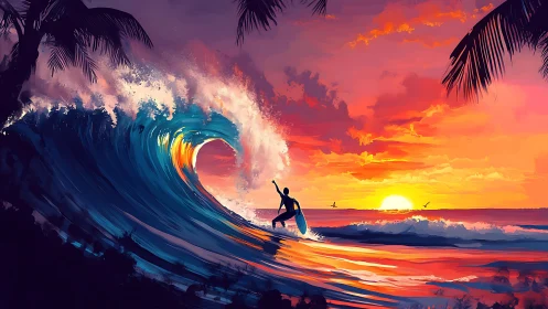 Surfer silhouettes against chromatic sunset barrel wave