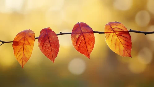 Four orange autumn leaves hang aligned on a thin branch
