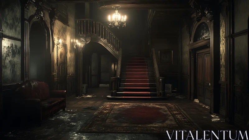 Cinematic Victorian foyer with decayed red staircase lighting.