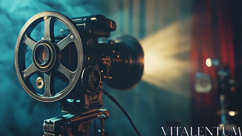 Vintage film projector casting cinematic beam of light.