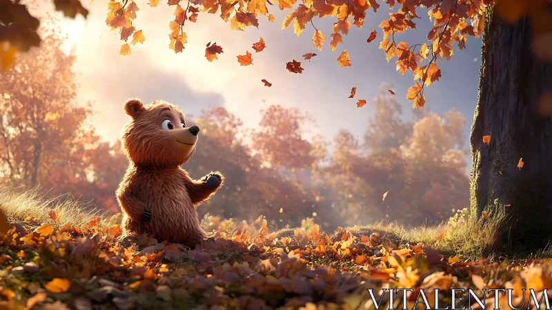 Playful cartoon bear enjoys a golden autumn forest afternoon