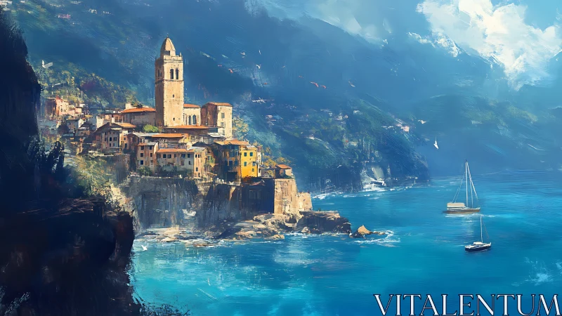 Sunlit seaside village rising gently above turquoise bays.