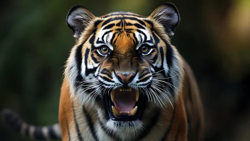 Snarling tiger locks its golden gaze in shadowed jungle light