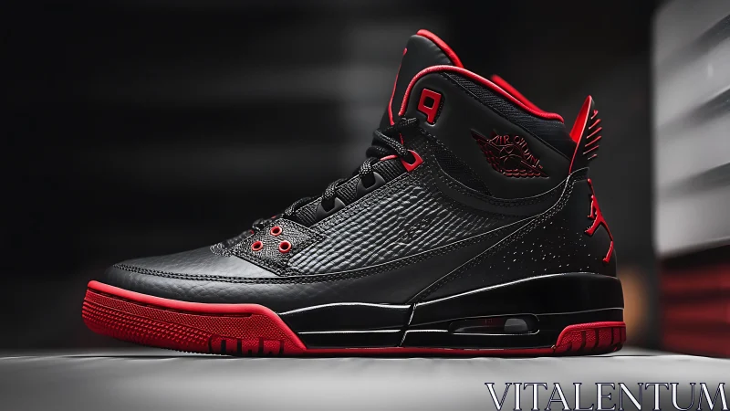 High-contrast black and red basketball sneaker product rendering.
