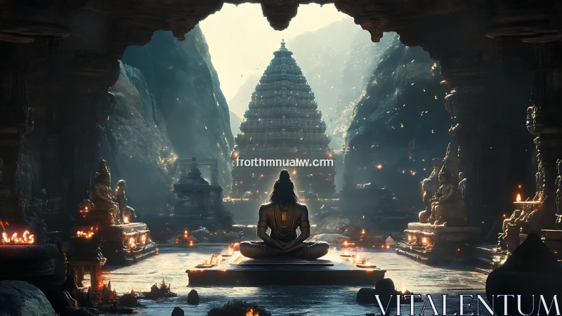 Meditating Shiva silhouette in volumetric lit cavern shrine.