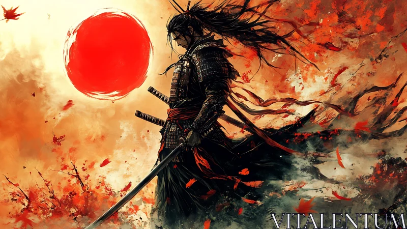 Armored samurai silhouette crosses dynamic red-saturated battlefield