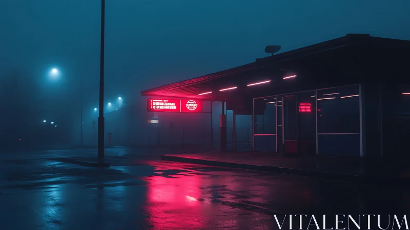 Neon-lit roadside diner in cinematic nocturnal perspective.