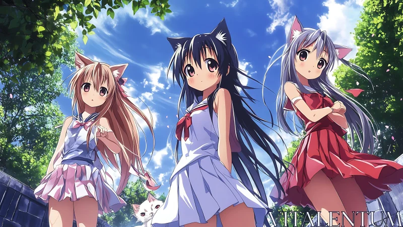 Cat-eared girls in summer dresses under blue sky outdoors.